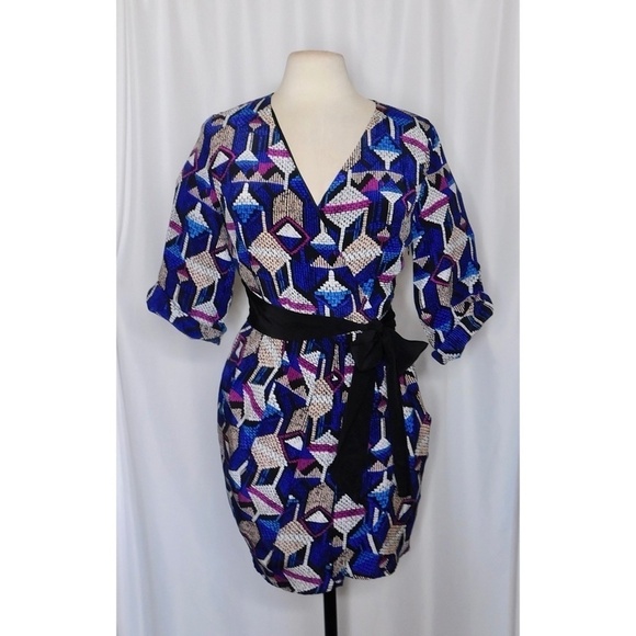 YUMI KIM Silk Faux Wrap Abstract Geometric Print Mini Dress Bright Medium - Picture 1 of 10